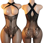 Transparent Fishnet Hollow Lingerie Set Women Hanging Neck Erotic Crotchless Bodystockings Open Bras BodySuits Hot Underwear Set