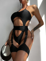 Sexy Black One Piece Swimsuit Women 2025 Hollow Out Push Up Suspenders Panties Thong Swimwear Beach Bathing Suit Swimming Bikini