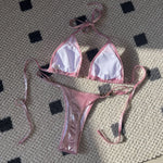 Shiny Pink Micro Bikini 2026 Mujer Women Sexy PU Pearls Push Up Thong Swimsuit Summer Bathing Suit Bandage Holiday Swimwear