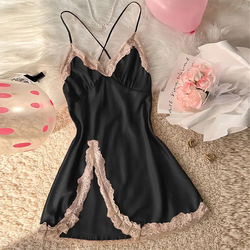 Summer Nightwear Women's Satin Pajama Set Fashion V-Neck Lace Strap Nightwear Loungewear For Sleeveless Pink Nightwear Set