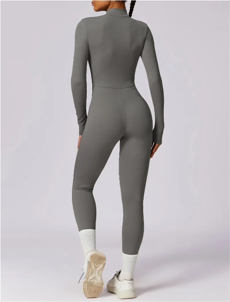 Half zip integrated long yoga jumpsuit solid color sexy long sleeved integrated sportswear for women