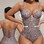 Sexy Coffee Geometry Print One Piece Swimsuit 2026 Women Underwire Push Up Bandage Back Cross Slim Fit Bathing Suit Swimwear