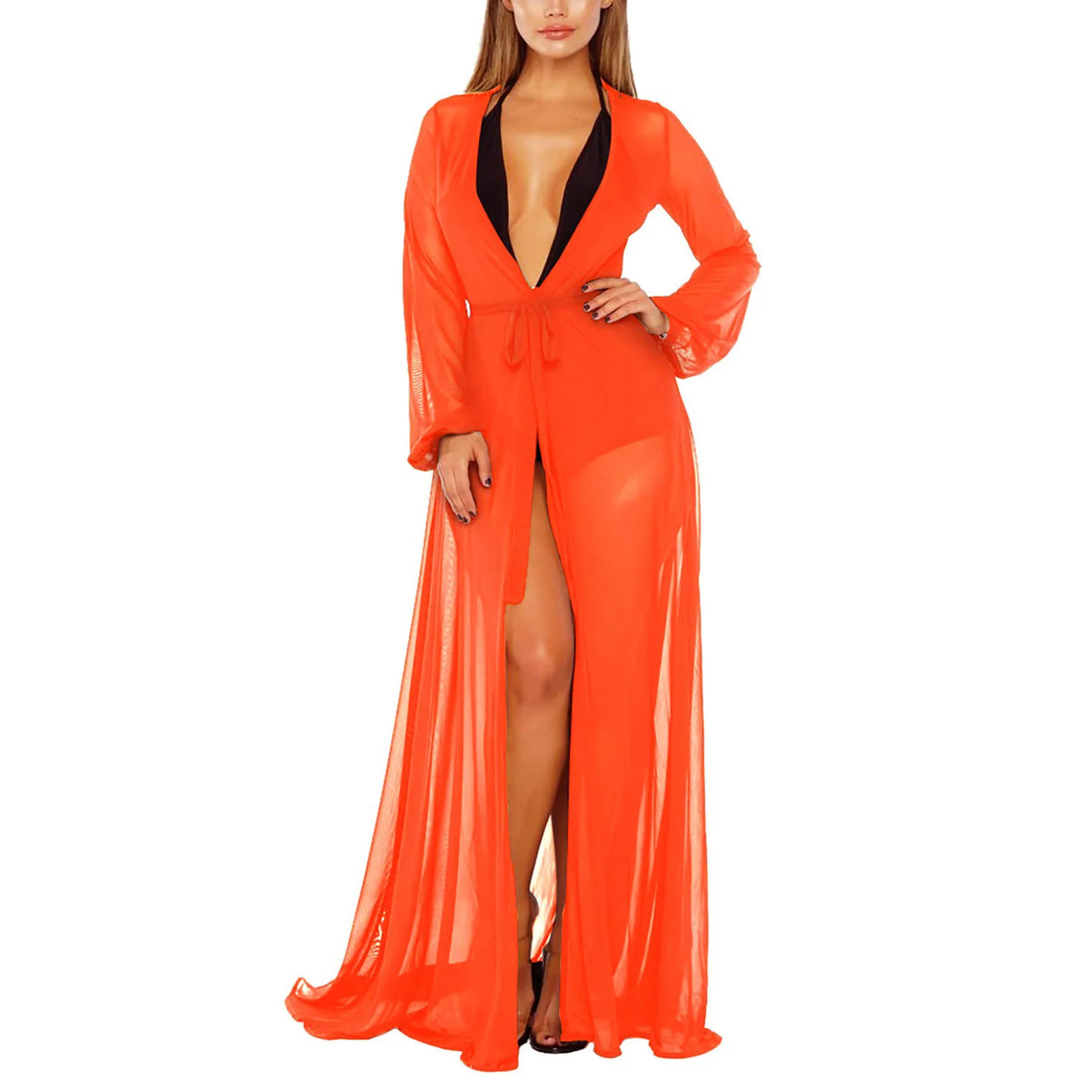 See Through Chiffon Cardigans Robes Women Bikini Cover-Ups Swimsuit Smock Long Beach Dress with Belt Sexy Bathing Suit Cover Up