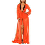 See Through Chiffon Cardigans Robes Women Bikini Cover-Ups Swimsuit Smock Long Beach Dress with Belt Sexy Bathing Suit Cover Up
