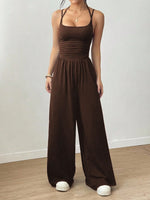 Women's Casual Solid Color Pleating Loose Straight Jumpsuit A-line Backless Halter Neck Slim Cami Jumpsuit Streetwear 2025