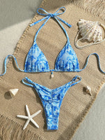 Sexy Blue Shell Print Bikini Set Women Halter Push Up Bra Pleate Thong Swimwear 2026 Beach Bathing Suit Holiday Swimsuit Biquini