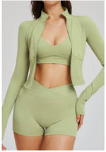 New 3 Pieces Yoga Set Women Workout Sportswear Gym Clothing Fitness Long Sleeve Crop Top Shorts Leggings Female Sport Bra Suits