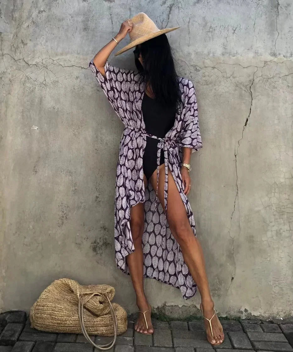 2024 New Summer Sexy Beach Kimono Swimwear Cotton Cover Up Swimsuit Women Print Bikini Cover Up Beachwear Dress Robe