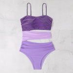 New Shiny Purple Contrast Swimsuit 2025 Women Halter Hollow Out Patchwork One Piece Swimwear Beach Bathing Suit Pleate Monokini
