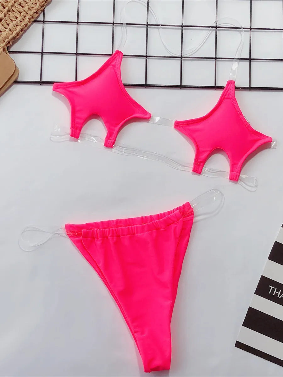 Micro Bikini Women Clear Strap Push Up Bra Neon Yellow Gold Transparent Swimsuit Women Triangle Bather Thong Swimwear Biquini
