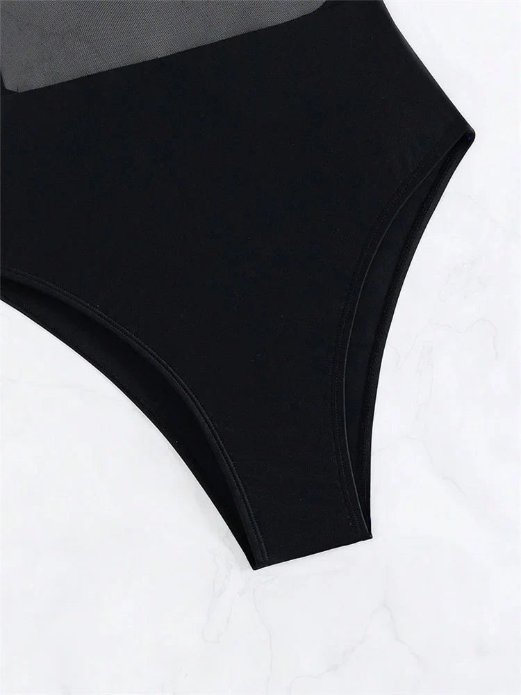 Sexy See Through One Piece Swimsuit 2025 Women Solid Black Mesh Transparent Hollow Out Backless Bathing Suit Swimwear Beachwear