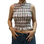 Women Summer Smock Tank Tops Casual Fashion Ruffle Hem Plaid Print Sleeveless Shirt Basic Vest Streetwear