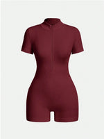 Women's Solid Color Half Zip Ribbed Knit Short Sleeve Romper Sports Soft Slim Fit Mock Neck Jumpsuit Streetwear 2025 Summer