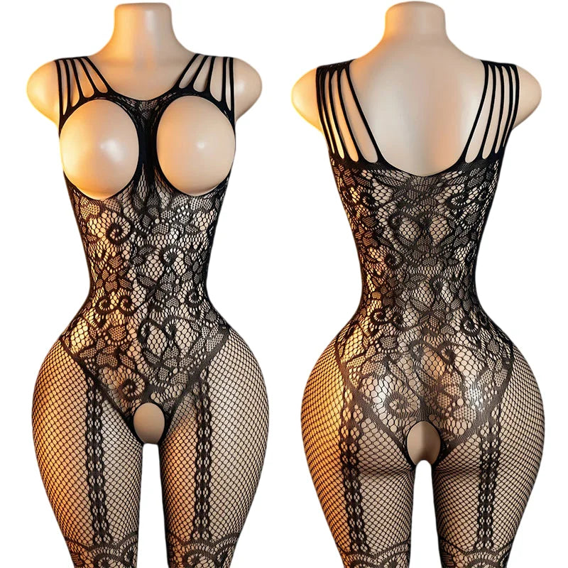 Cutout Full Open Bra Fishnet Sexy Lingeries Erotic Outfit Hot Woman One-piece Crotchless Lingerie Mesh Bras Panties Body Suit