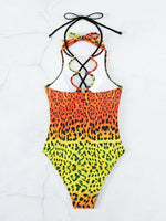 Sexy Hollow Out One Piece Swimsuit 2025 Women Blue Leopard Print Gradient Bandage Backless Bikini Bathing Suit Thong Swimwear