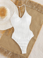 Sexy White Swimwear Women 2026 Pearls Hollow Out Backless Thong Bikini Ribbed Bathing Suit Holiday One Piece Swimsuit Monokini