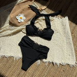 Vintage Black White Bikini Set 2025 Women Metal Heart Ornament Push Up Pleate High Wist Swimsuit Bathing Suit Holiday Swimwear