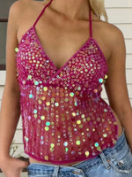 Women's Solid Color Halter Neck Crop Tops Summer Sleeveless V neck Open Back Slim Fit Tie Up Sequins Camis Tops