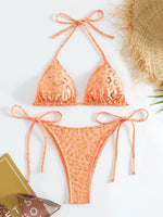 Sexy Orange Leopard Print Bikini Set 2024 Women Halter Push Up Bra Tie Side Thong Swimsuit Summer Backless Bathing Suit Swimwear