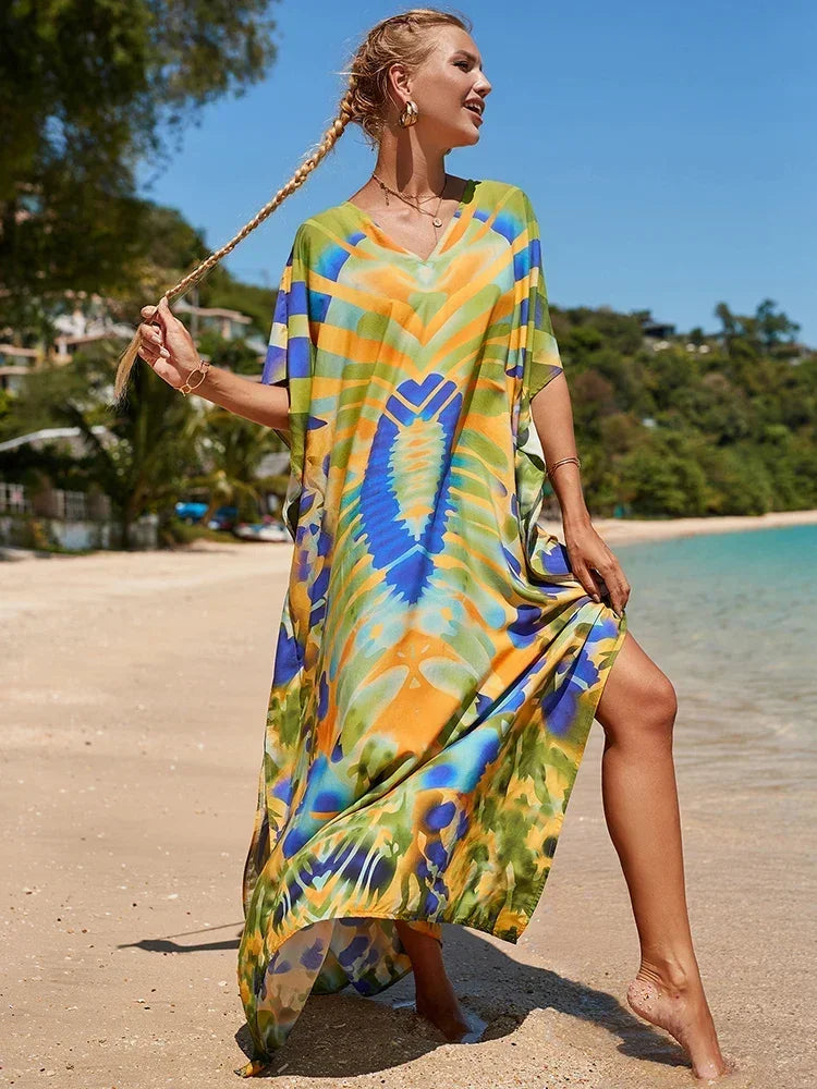 2025 Loose Boho Style Maxi Dress Print Face Swim Suit Cover-up Bohemian Dress Robe Plage Kaftan Maxi Dress Beach Wear Tunics