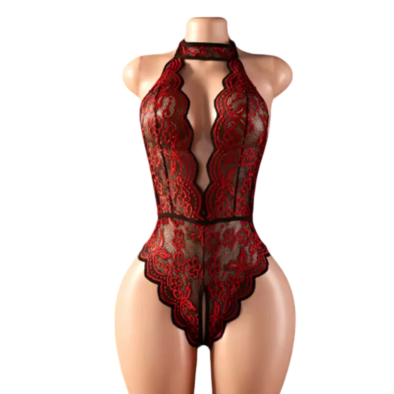 Summer Women Red Crotchless Lingerie Halter Lace Hollow Backless Bodysuit Erotic Costumes Transparent Deep V Sexy Underwear Sets