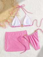 Sexy Pink Bikini 2025 Mujer Women Metal Sun Ornament Push Up Mesh Skirt 3 Piece Swimsuit Summer Bathing Suit Vacation Swimwear