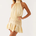 Women Summer Sexy Party Club Mini Halter Neck Dresses Pleated Sleeveless Open Back A-line Layered Ruffle Short Dress