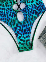 Sexy Hollow Out One Piece Swimsuit 2025 Women Blue Leopard Print Gradient Bandage Backless Bikini Bathing Suit Thong Swimwear