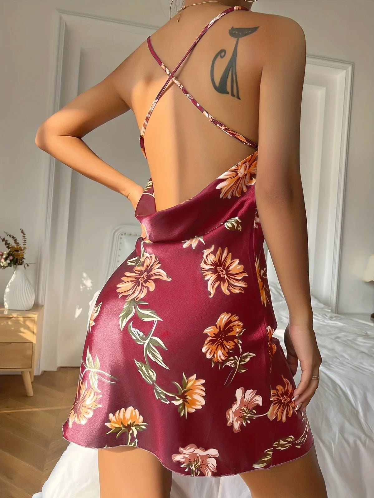 Sexy Short Backless Home Nightgown Solid Color Women's Robes V-neck Cross Suspender Skirt Simulated Silk Thin Dress for Women
