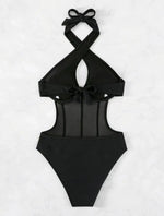 Sexy See Through One Piece Swimsuit 2025 Women Halter Corss Underwire Tummy Control Swimwear Solid Black Hot Pink Bathing Suits