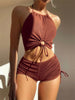 Sexy Ring Linked Pleate Bikini Set Women Brown Cut Out Push Up Two Piece Swimsuit 2024 Bathing Suit High Waist Panties Swimwear test