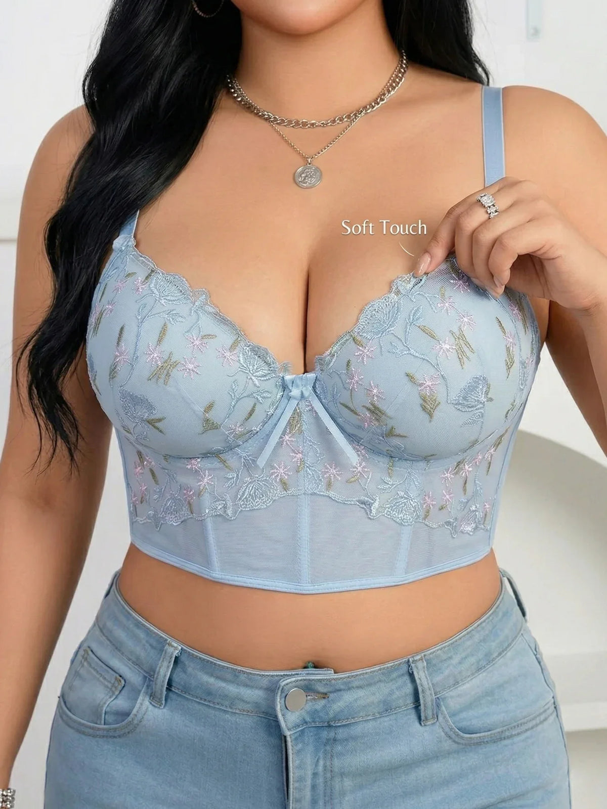 Women's Floral Embroidery Lace Push Up Bra With Underwire Longline Shaping Side Support Minimizer Comfortable Bra