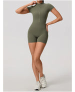 Hearuisavy Summer Women's Short Sleeved Sports Overalls Running Yoga Jumpsuit High Stretch Push Up Fitness Bodysuit With Zipper
