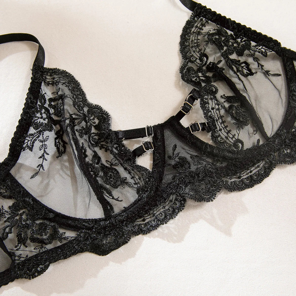 Embroidery Lingerie 3Pcs Sets Ultrathin Mesh Patchwork See Through Bras And Thongs Garter Suits Erotic Intimate Sexy Underwear
