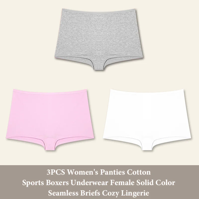 3PCS Women's Panties Cotton Seamless Sports Boxers Underwear Female Solid Color Briefs Cozy Lingerie Intimate Underpants XS-XL
