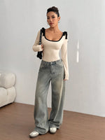 Women's Casual Color Block Slim Fit Long Sleeve Bodysuit Commuting Tie-Strap Decorate Rib-Knit Bodysuit Spring/Fall 2026