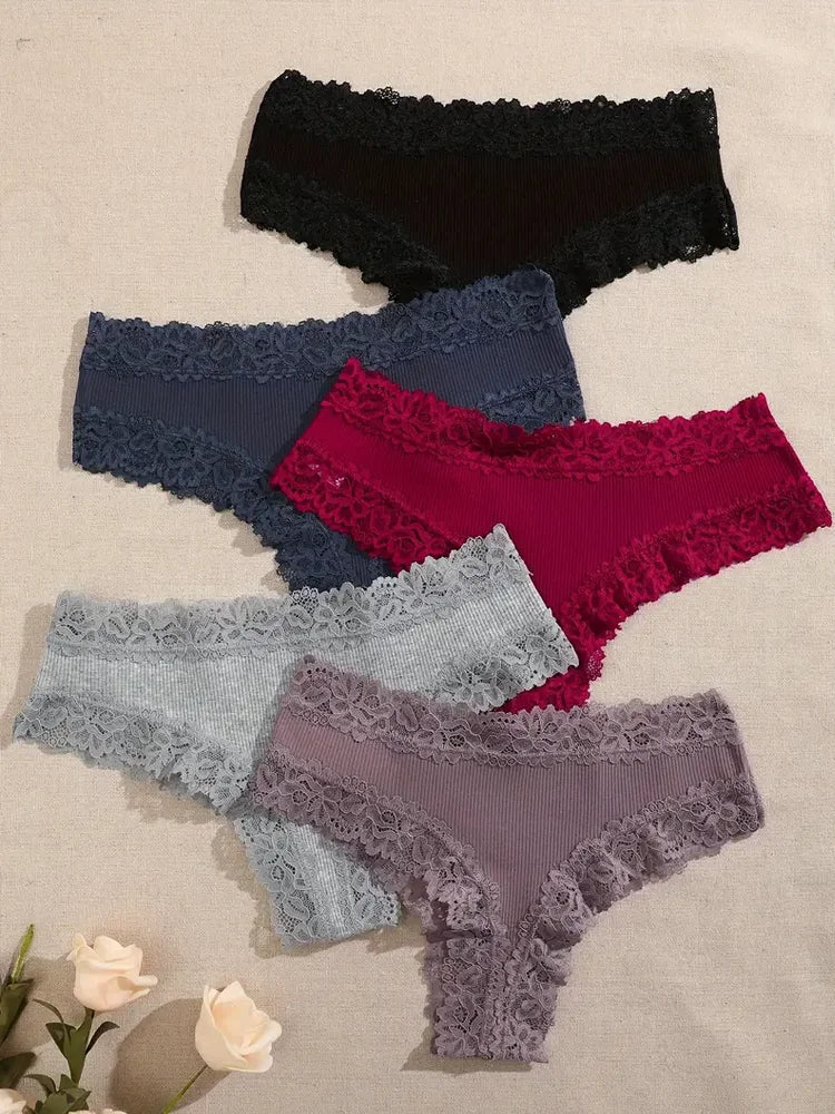 5Pcs Women Cotton Brazilian Pants Sexy Lace Brazilian Briefs Low Waist Floral Solid Color G-string Breathable Soft Lingerie