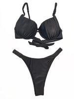 New pleated hard cup sexy bikini solid color swimsuit women's separate strap support vacation adjustable halter bikini
