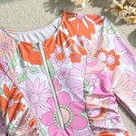 Vintage Pink Floral Print Swimwear Women 2026 Front Zipper Long Sleeve Sunscreen One Piece Swimsuit Bathing Suit Surf Monokini