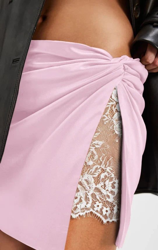 Summer Women Satin Skirt Lace Mini High Waist Slit Skirt Streetwear Fashion Y2K Clubwear Low Rise High Side Slit Short Skirt