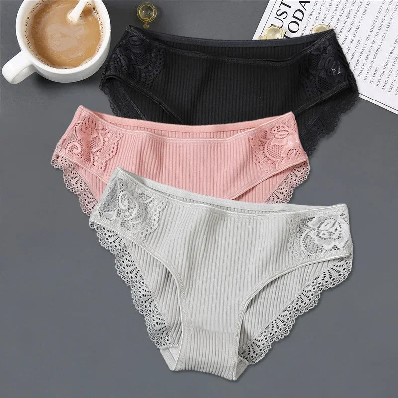 New 3Pcs/set Women's Cotton Panties M-2XL Women Patchwork Lace Underwear Sexy Low Waist Briefs Ladies Comfortable Underpants