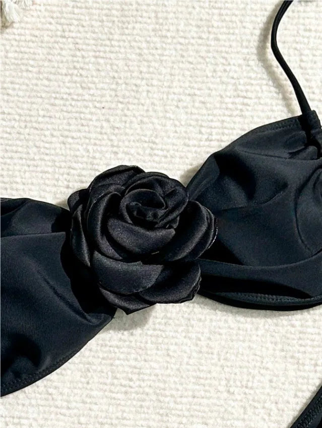 Sexy 3D Flower Patchwork Swimwear Thong Bikini 2024 Women Lace-up Swimsuit Halter Drawstring Swimming Bathing Suit Biquini Mujer