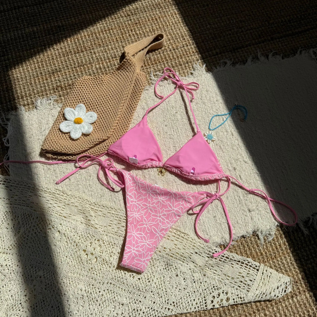 Sexy Pink Mesh Flower Bikini Set Women Halter Push Up Bra Bandage Triangle Swimsuit 2025 Summer Bathing Suit Vacation Swimwear