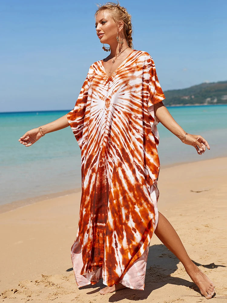2025 Loose Boho Style Maxi Dress Print Face Swim Suit Cover-up Bohemian Dress Robe Plage Kaftan Maxi Dress Beach Wear Tunics