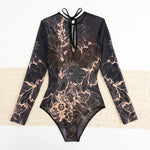 Vintage Black Floral Print One Piece Swimsuit Women Summer Long Sleeve Slim Fit Swimwear Skirt Set 2025 Holiday Bathing Suits
