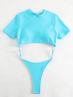 Bikini Women Swimsuit 2024 Blue Short Sleeve Hollow Out Thong Monokini Brazilian Beach Bathing Suit Push Up One Piece Swimwear