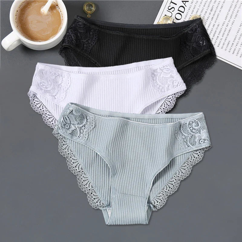 3Pcs/set Women's Cotton Panties M-2XL Women Patchwork Lace Underwear Sexy Low Waist Briefs Ladies Comfortable Underpants 2022