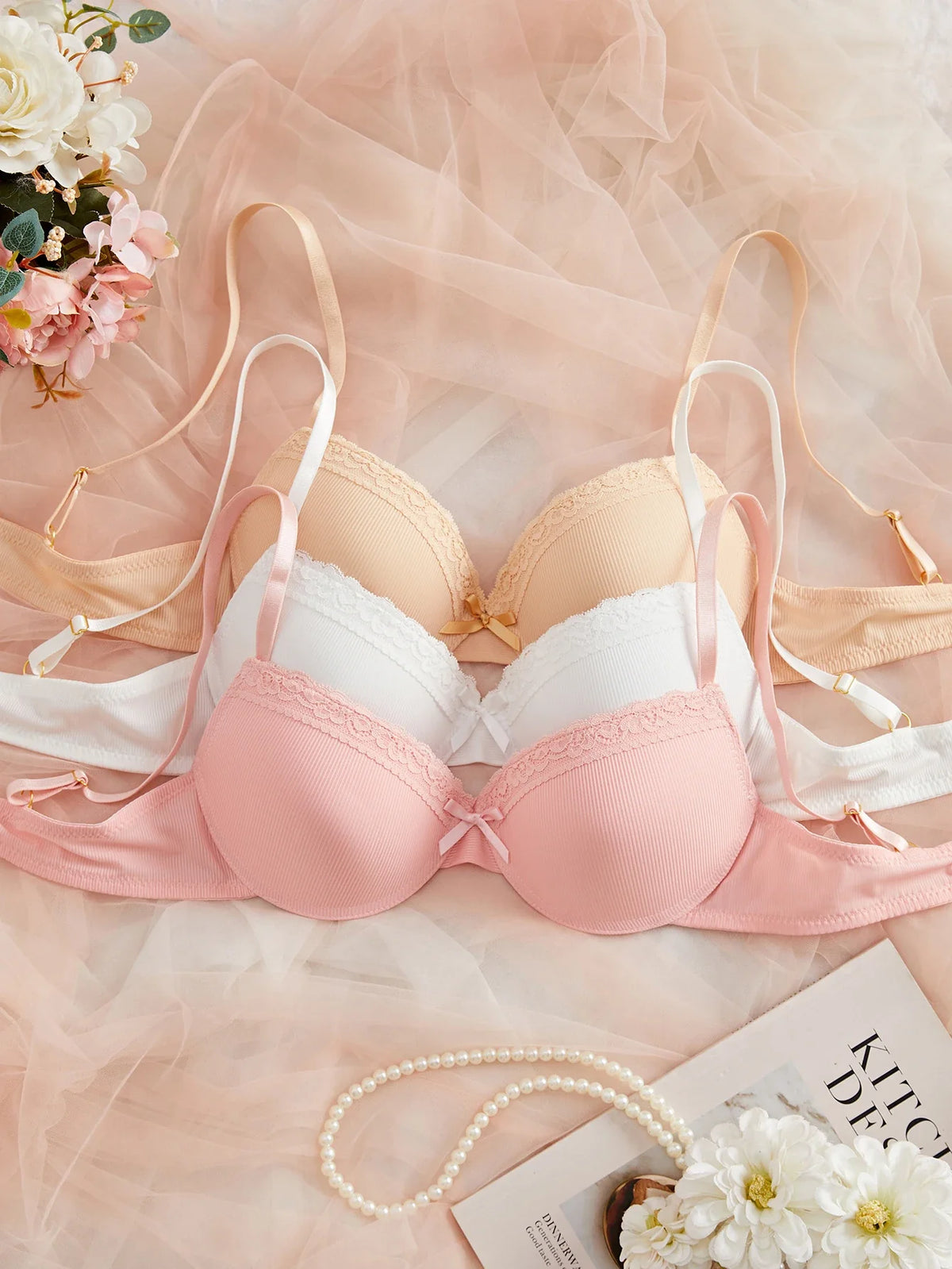 3-Pack Ribbed Women's Underwear Set Everyday Push up Bra Lace Trim Splicing Sexy Bras Comfortable Thin Cup Underwire Women's Bra
