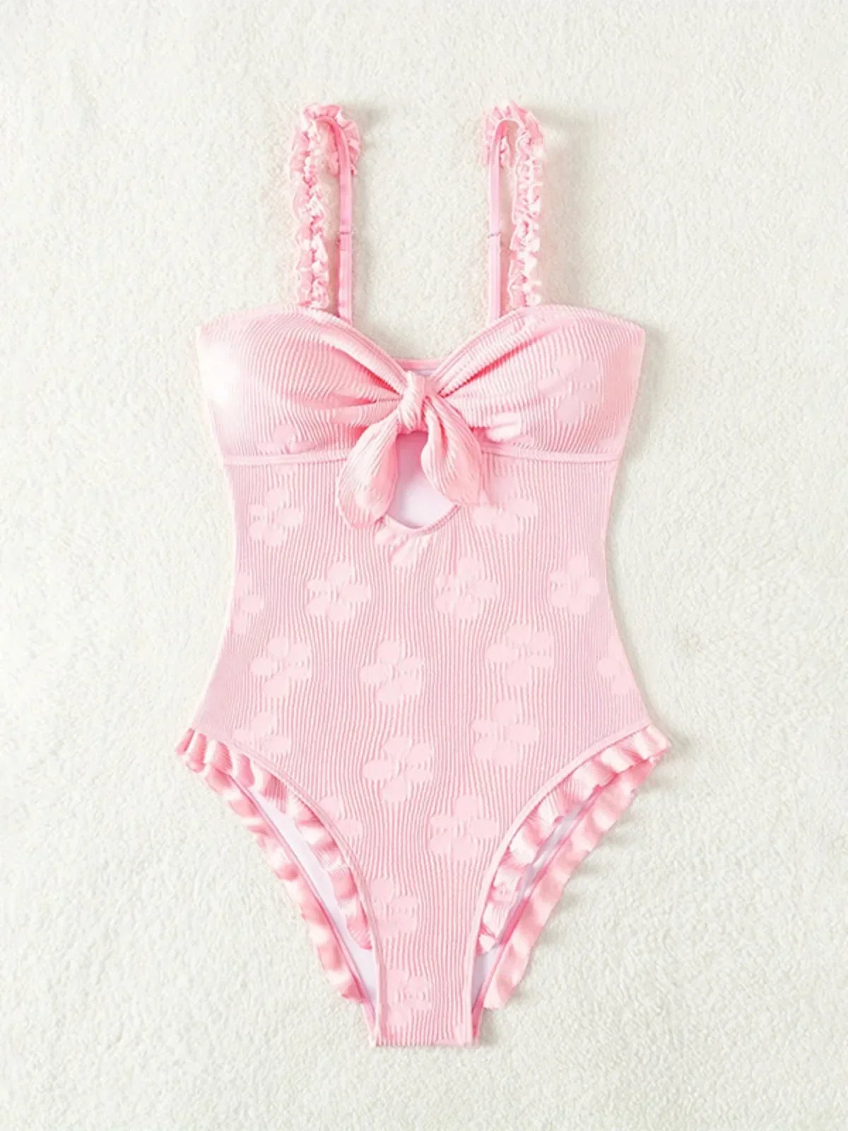 Light Pink One Piece Swimsuit for Women High Waist Hollow Out Ruffle Suspender Backless Monokini Bikini Beach Swimwear 2024 New