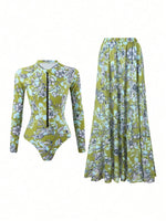 Vintage Green Leaves Print One Piece Swimsuit Long Skirt Sets Women Long Sleeve Zipper Slim Fit Bathing Suit Surf Swimwear 2026